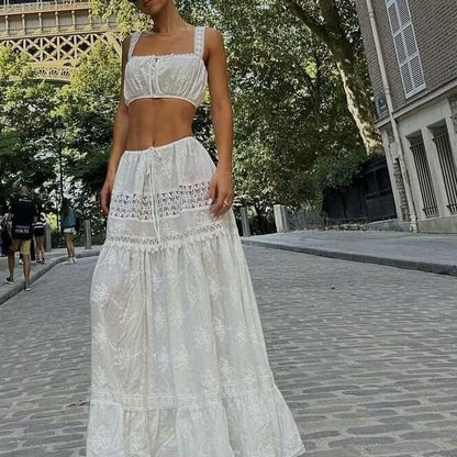 Ladies' 2-Piece Outfit - Cold Shoulder Top - Flowy Maxi Skirt - Nocini