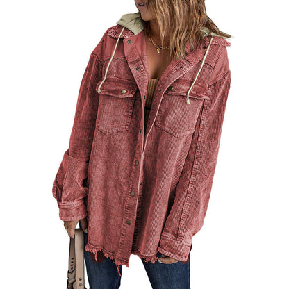 Relaxed Fit Corduroy Hooded Women's Coat
