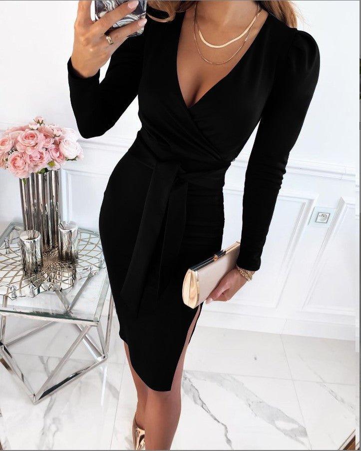 Fit and Flare V Neck Long Sleeve Dress - Nocini
