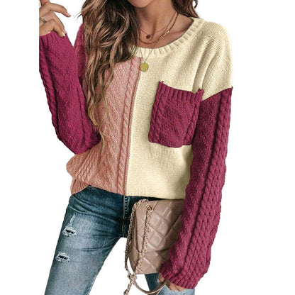 Casual Crew Neck Colorblock Sweatshirt
