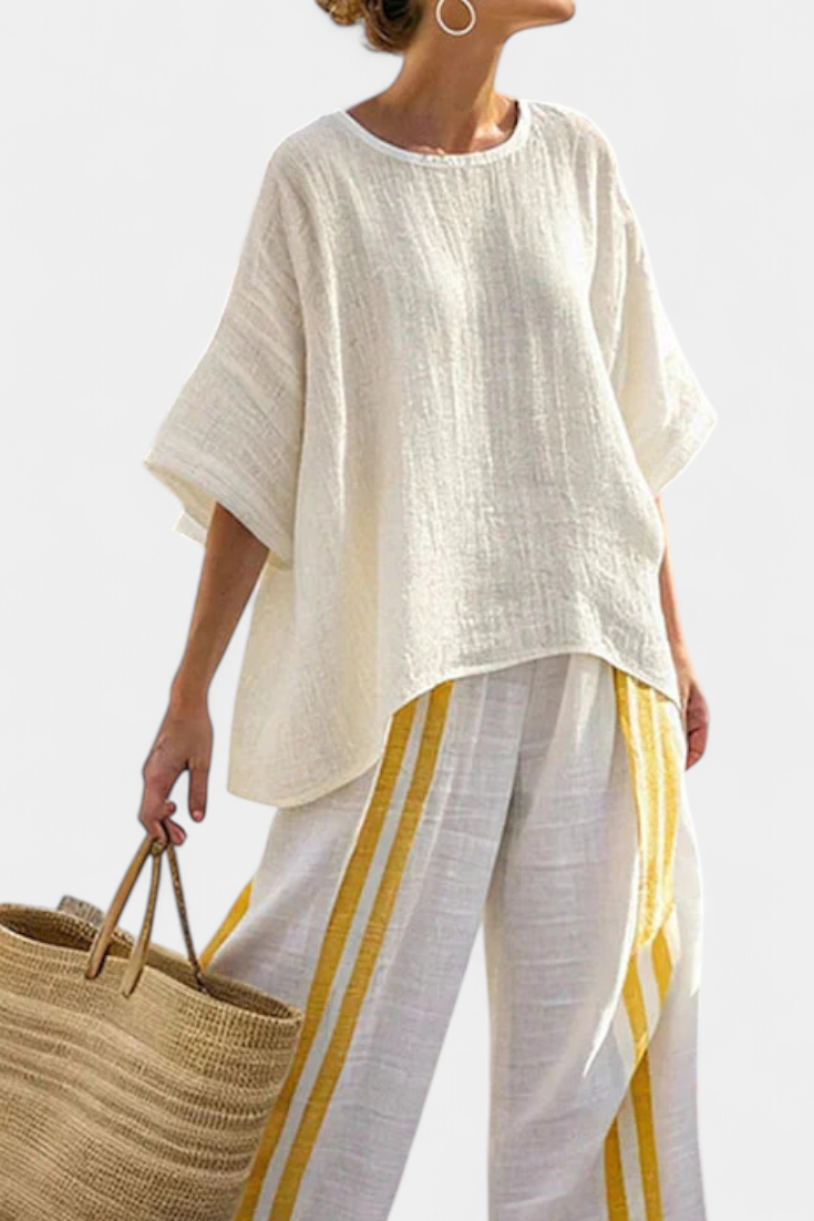 Classic Yellow Stripe Cotton Blouse & Trousers