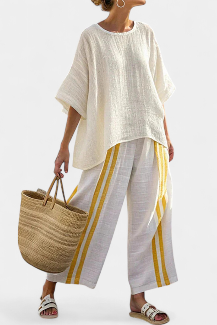 Classic Yellow Stripe Cotton Blouse & Trousers - Olytrend