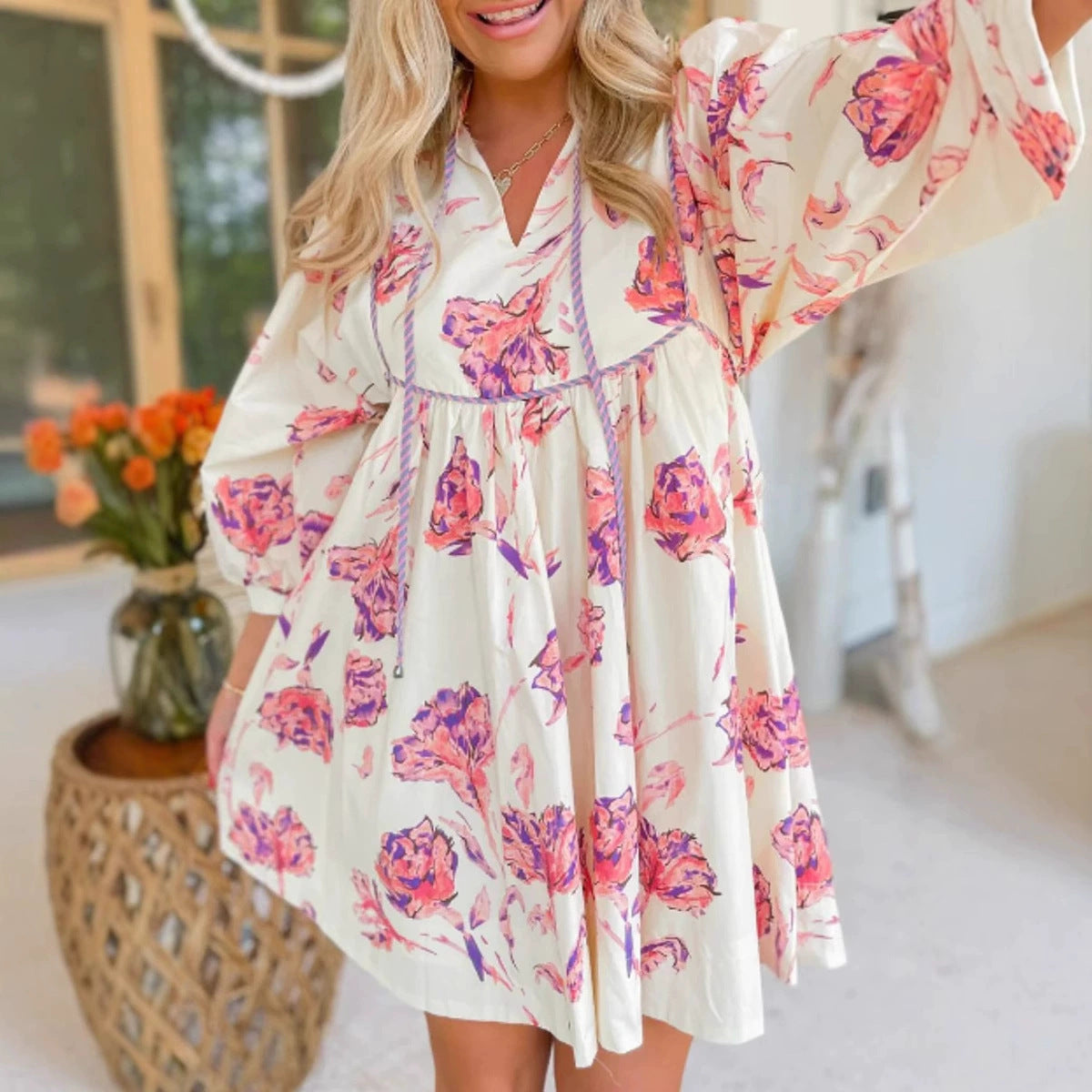 Ladies Floral Mini Dress with Ruffled Sleeves and V Neck - Nocini