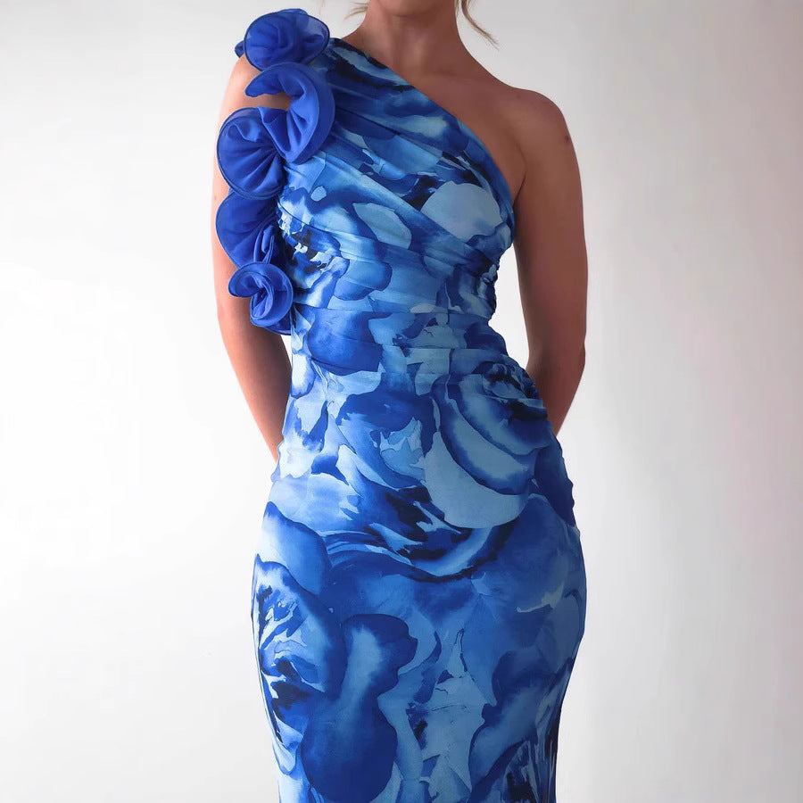 Chic One Shoulder Midi Dress with Floral Detail - Nocini