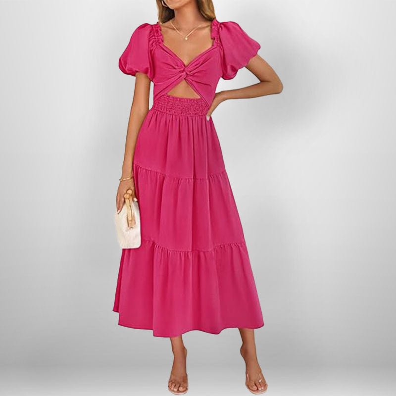 Floral V Neck Maxi Dress with Puff Sleeves - Nocini