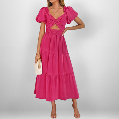 Floral V Neck Maxi Dress with Puff Sleeves - Nocini