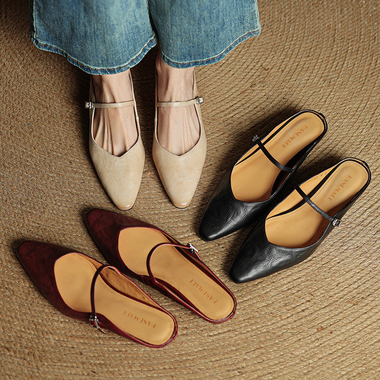 Ladies Slim Pointed-Toe Slip-On Shoes with Buckle Strap