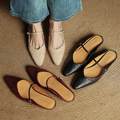 Ladies Slim Pointed-Toe Slip-On Shoes with Buckle Strap