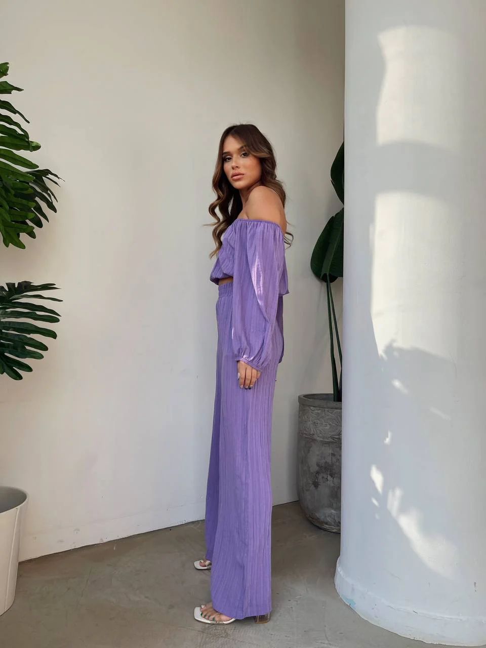 Ladies' Set - Cold Shoulder Cropped Top with High Waist Pants