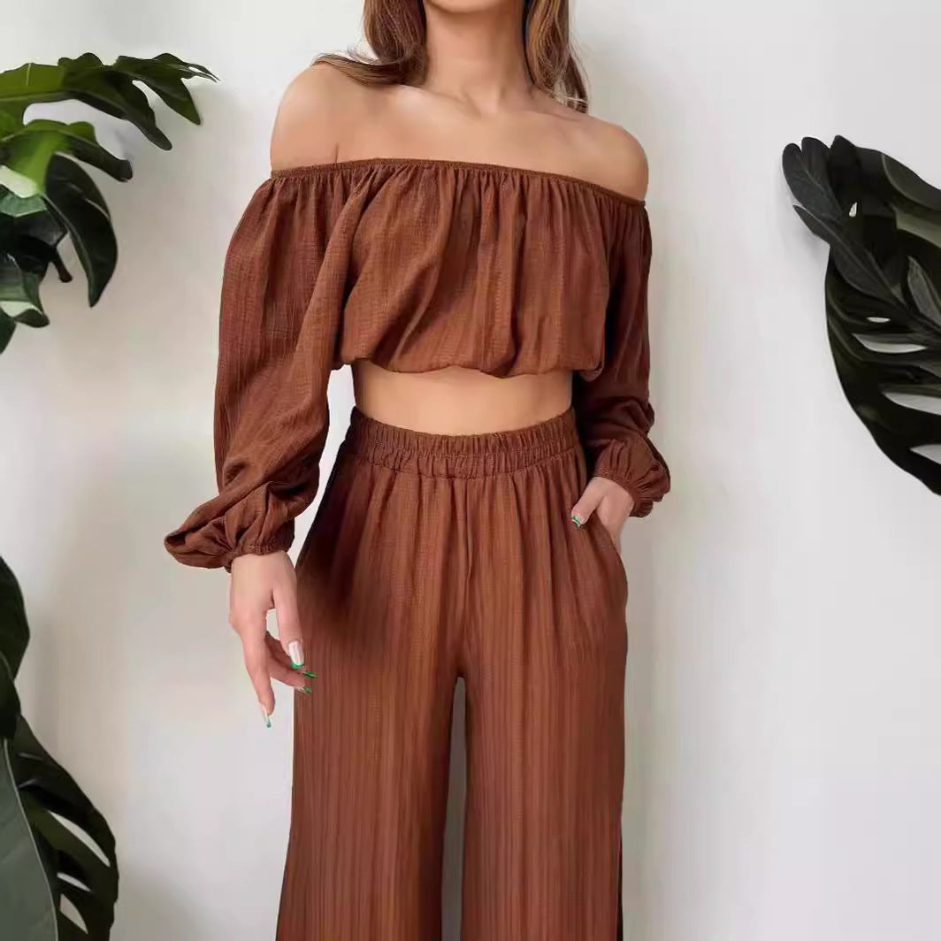 Ladies' Set - Cold Shoulder Cropped Top with High Waist Pants