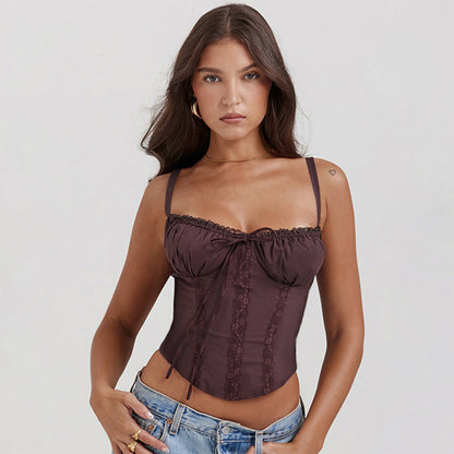 Women's Satin Cami Top with Lace Trim and Thin Straps - Nocini
