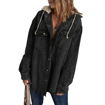 Relaxed Fit Corduroy Hooded Women's Coat