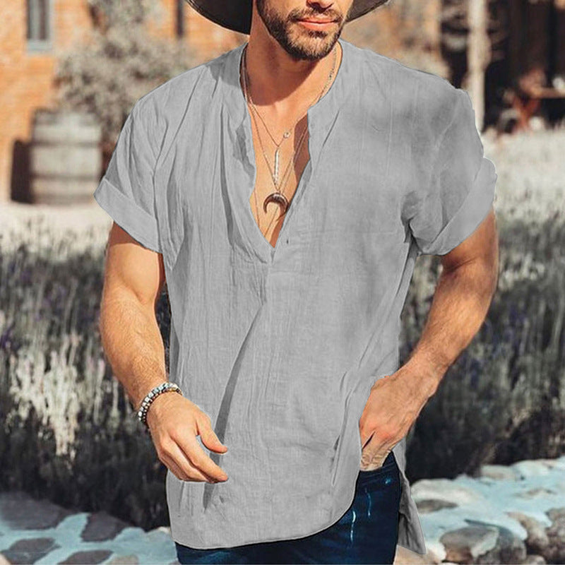 Casual Men's Short Sleeve V-Neck Cotton Shirt