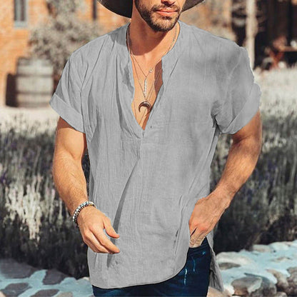 Casual Men's Short Sleeve V-Neck Cotton Shirt