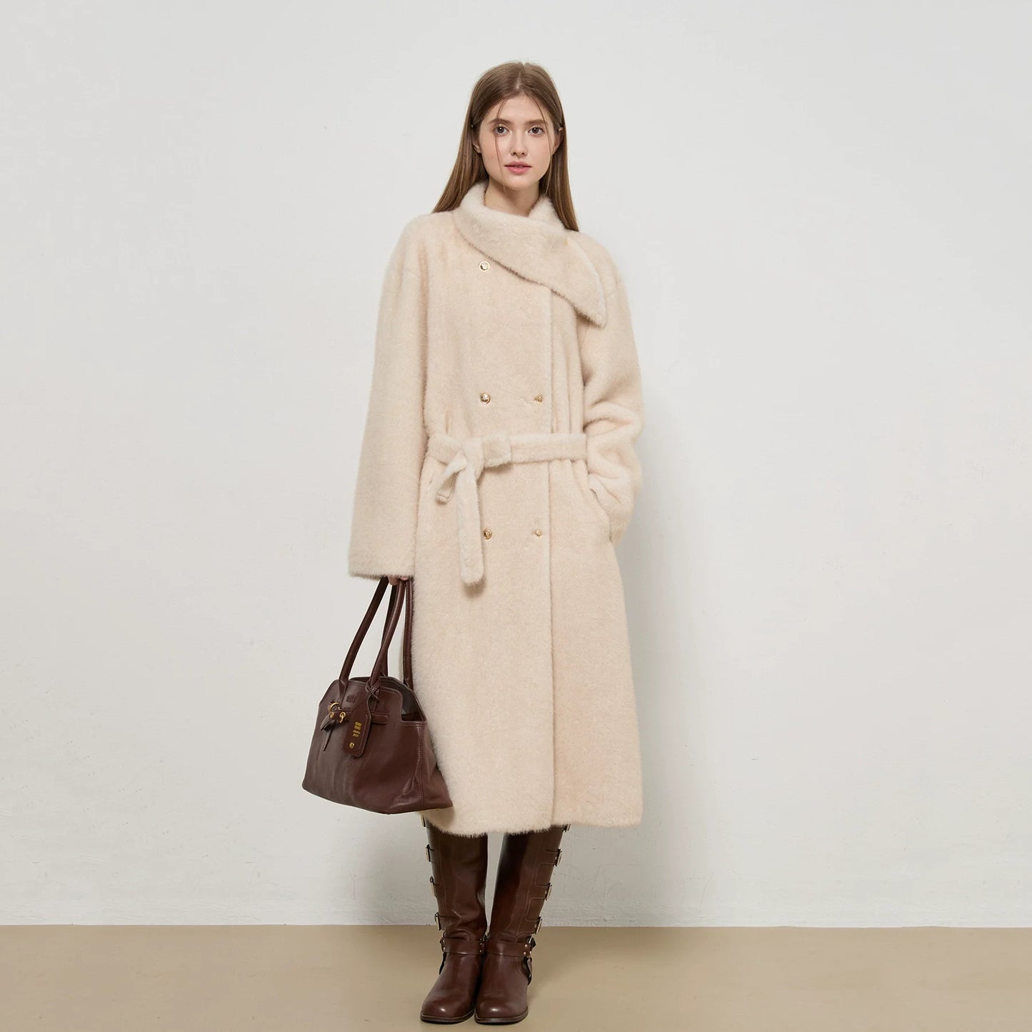 Warm Faux Fur Women's Coat with Belted Waist - Nocini