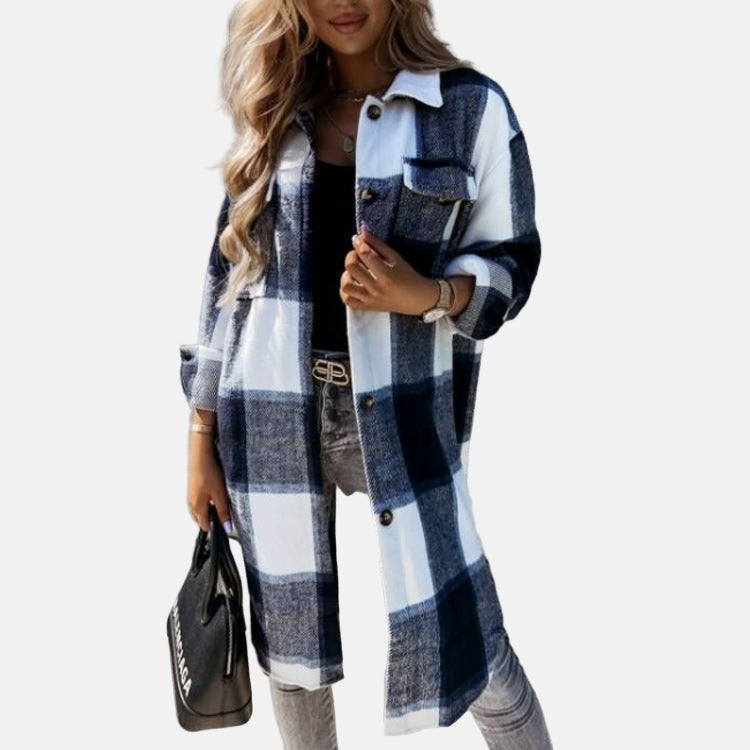 Relaxed Fit Plaid Button Down Women's Shirt Jacket