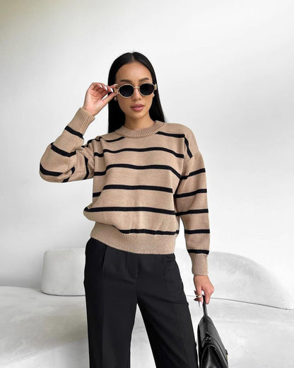 Comfy Oversized Striped Crew Neck Sweater