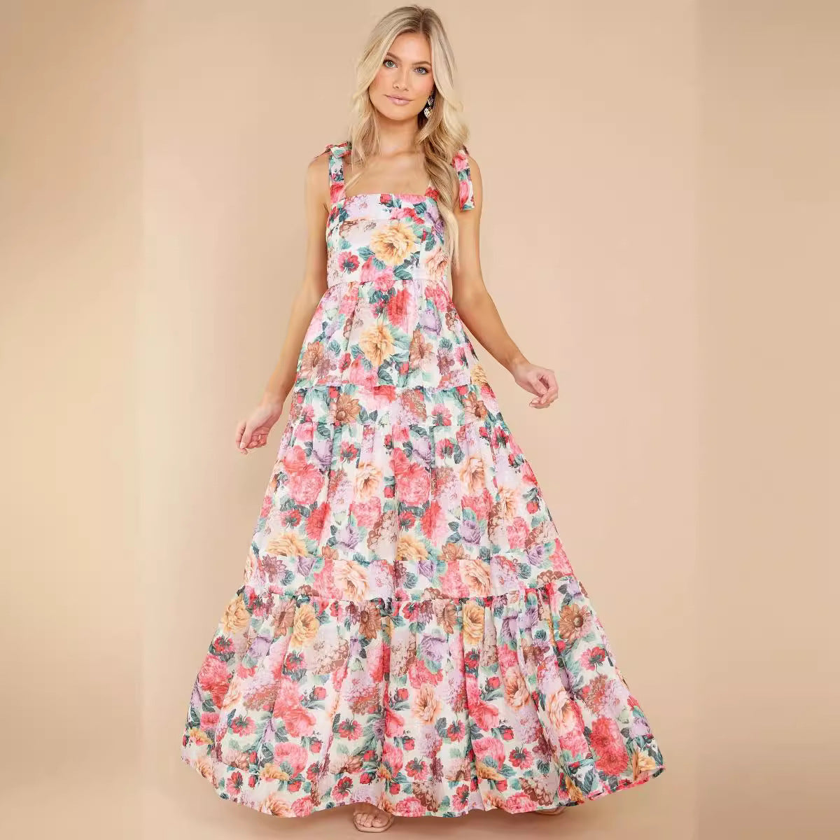 Long Sleeveless Floral A-Line Maxi Dress - Nocini