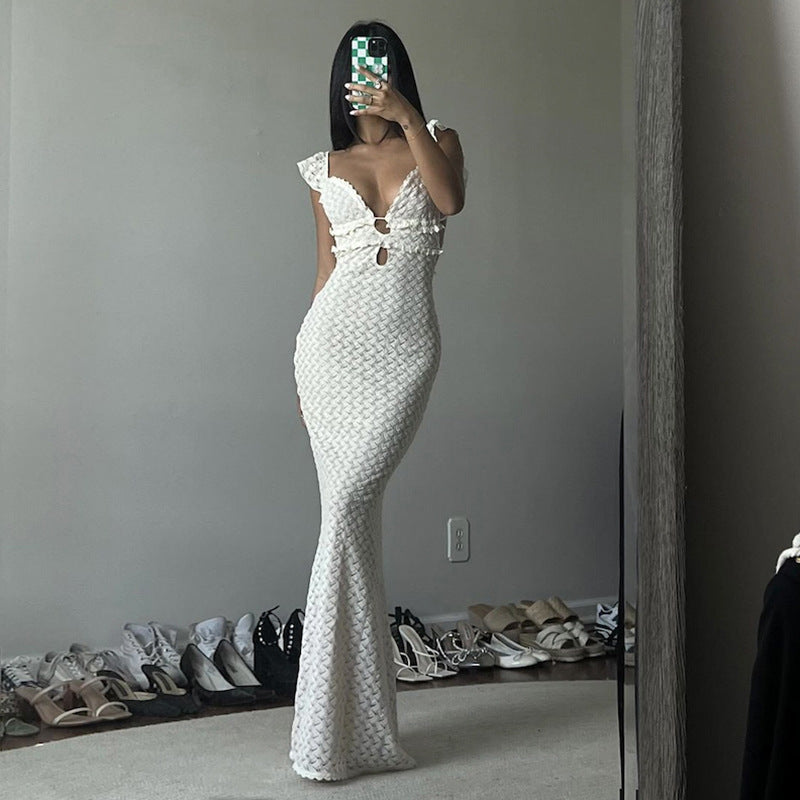 Elegant Women's Maxi Dress with Low V Neck and Cutouts