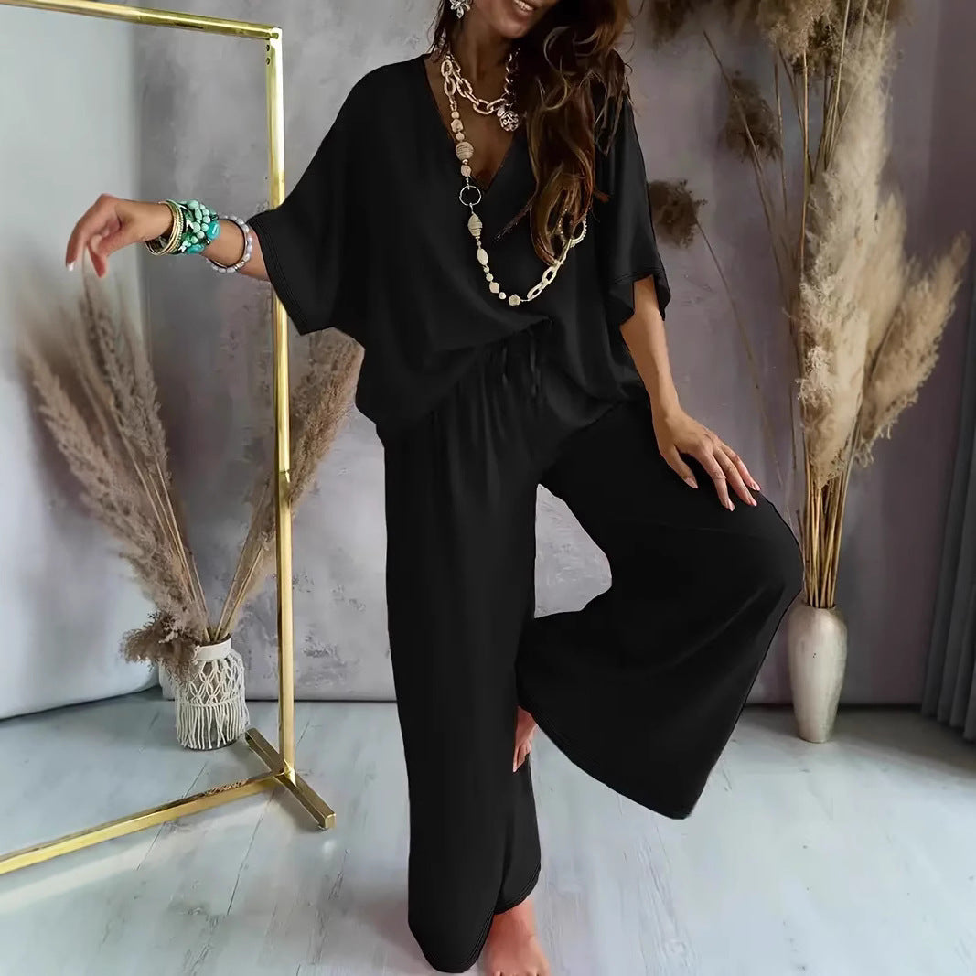Comfortable Women's V-Neck Top and Loose Pants Set