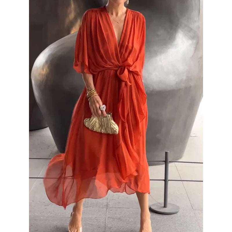 Flowy Maxi Dress for Women with Bell Sleeves