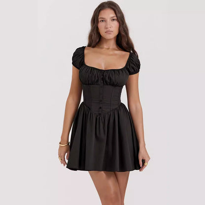 Petite Fit A-Line Dress with Puff Sleeves and Buttons