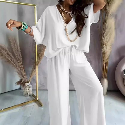 Ladies' Casual V-Neck Top and Loose Fit Pants Set - Nocini