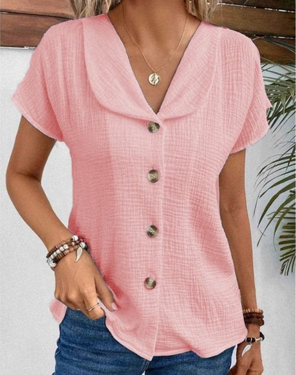 Relaxed Fit Women's Cotton Blouse with Collar Button Front