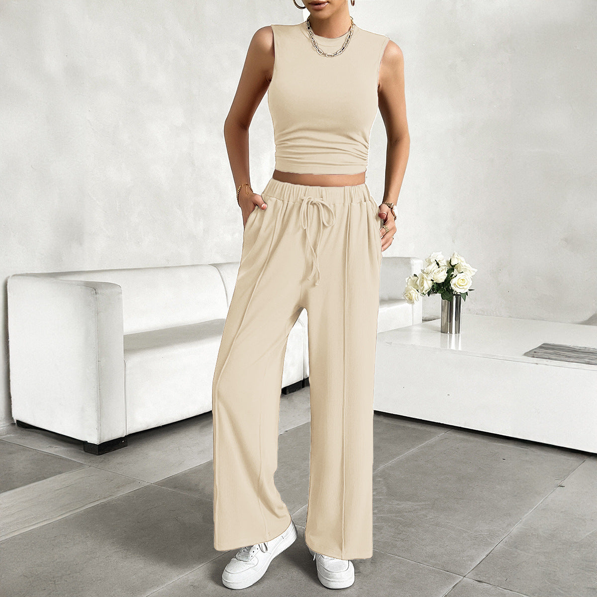 Women's Summer Crop Top and Loose Fit Pants Set