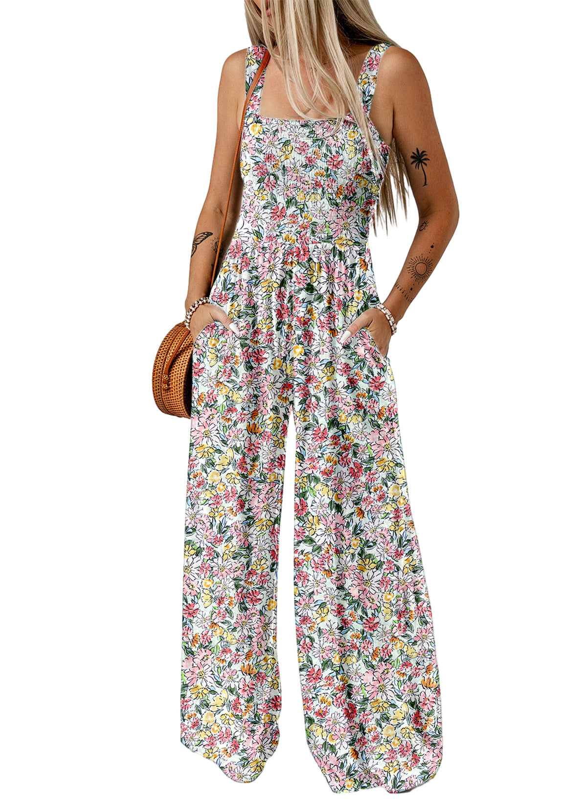 Women's Flowy V Neck Jumpsuit with Loose Fit and Pockets