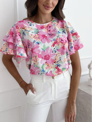 Loose Fit Women's Blouse with Ruffled Sleeves Floral Print