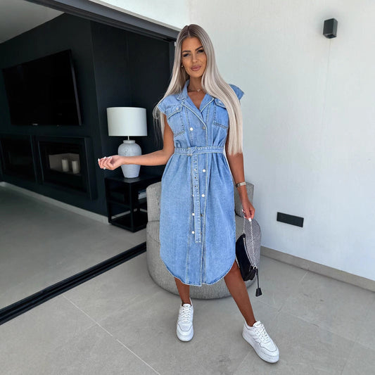 Women's Short Sleeveless Denim Dress with Belted Waist - Nocini