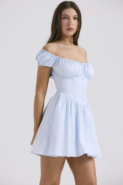 Petite Fit A-Line Dress with Puff Sleeves and Buttons