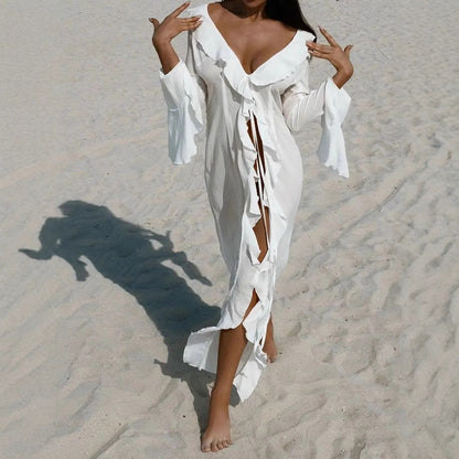 Relaxed Fit Beach Dress with Ruffles and V Neck - Nocini