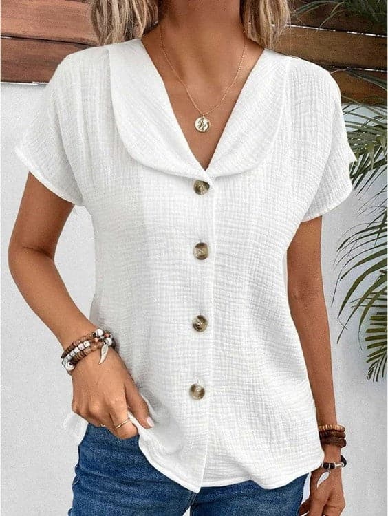 Relaxed Fit Women's Cotton Blouse with Collar Button Front - Nocini