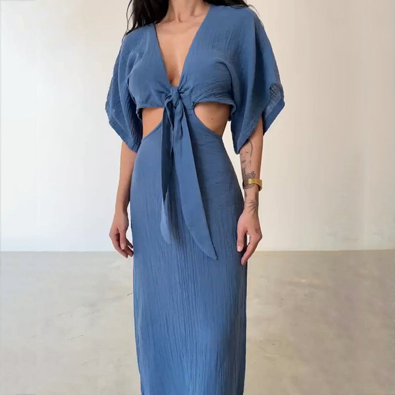 Women's Long V Neck Sleeveless Waist Cutout Dress