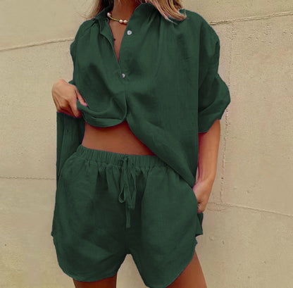 Women's Linen Shirt and Shorts Set - Comfortable Summer Outfit