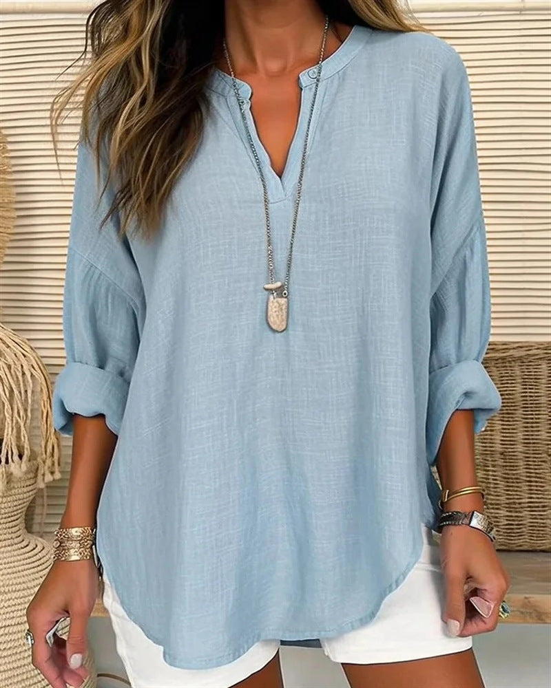 Casual V-Neck Women's Cotton Shirt
