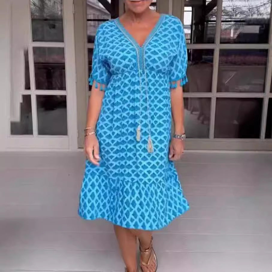 Casual V Neck Midi Dress with Tassels and Short Sleeves - Nocini
