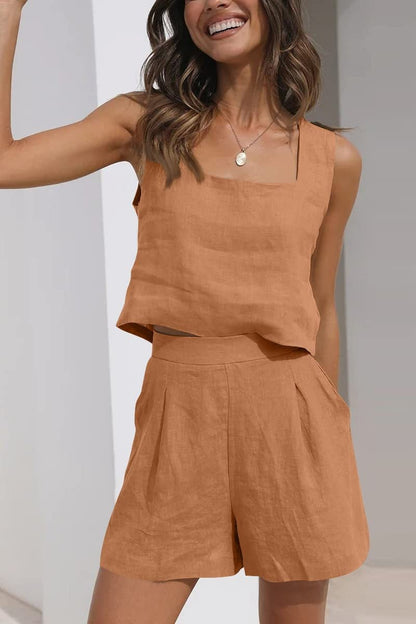 Relaxed Fit Linen Crop Top and Shorts Set