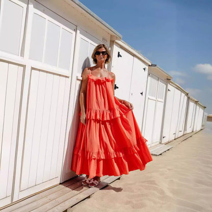 Loose Fit Women's Maxi Dress with Ruffled Neckline