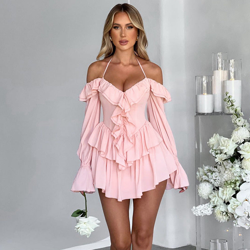 Feminine Halterneck Romper with Ruffled Long Sleeves - Nocini