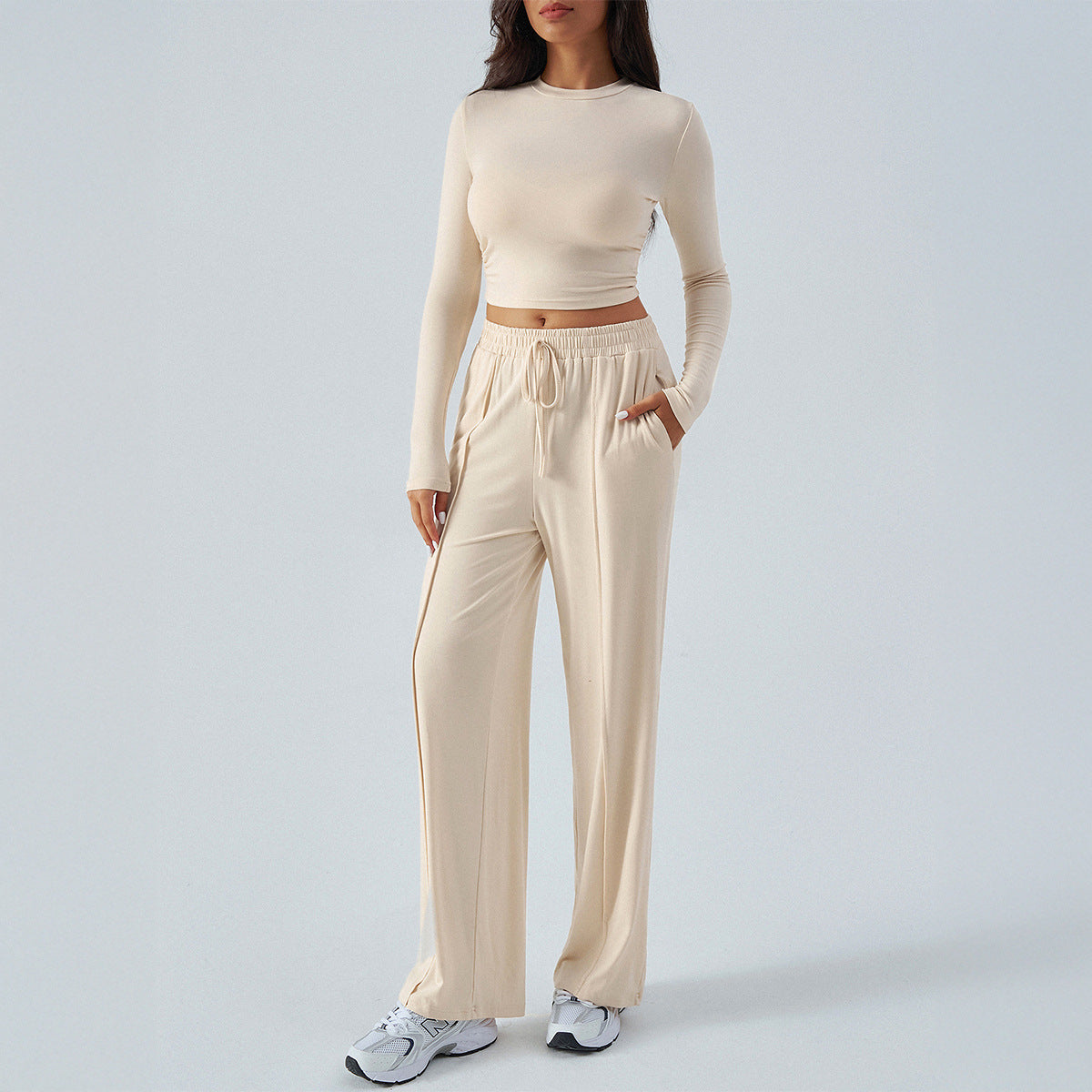 Women's Outfit - Fitted Cropped Top with High Waist Trousers