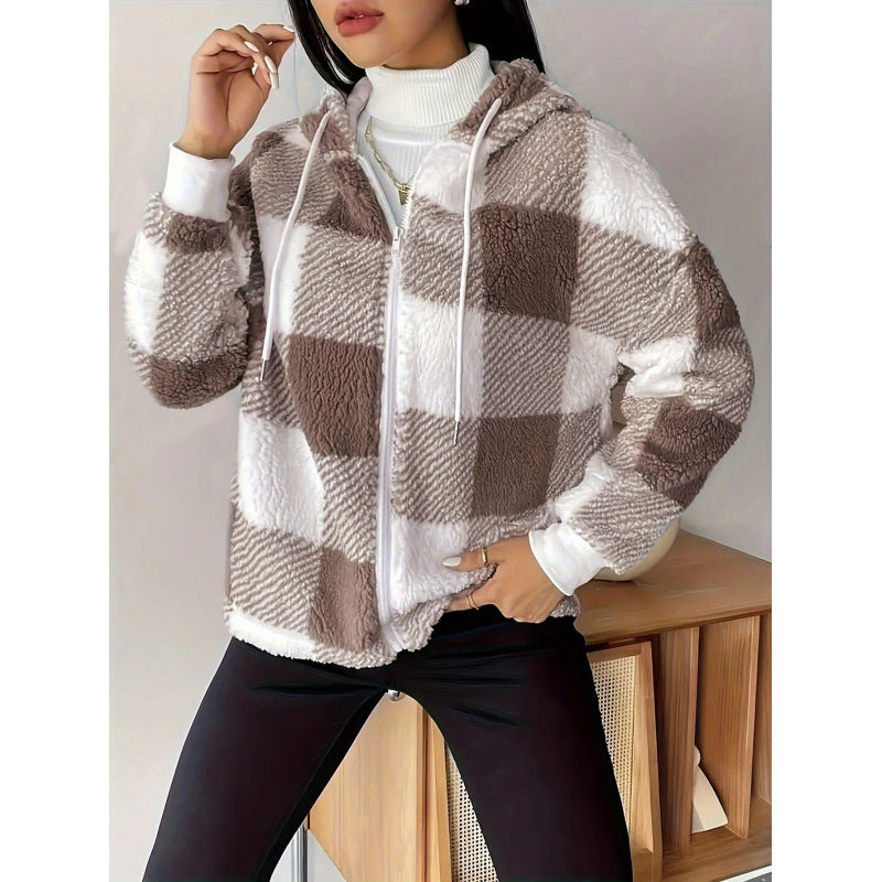 Cozy Hooded Check Cardigan Jacket for Women - Nocini