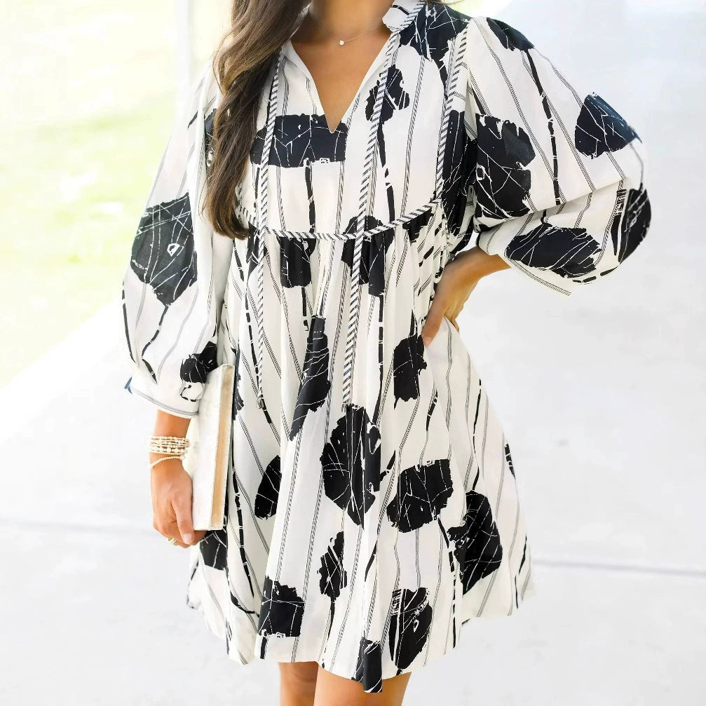 Ladies Floral Mini Dress with Ruffled Sleeves and V Neck
