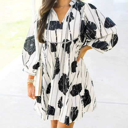 Ladies Floral Mini Dress with Ruffled Sleeves and V Neck