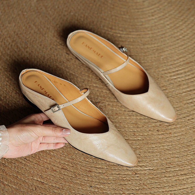 Ladies Slim Pointed-Toe Slip-On Shoes with Buckle Strap