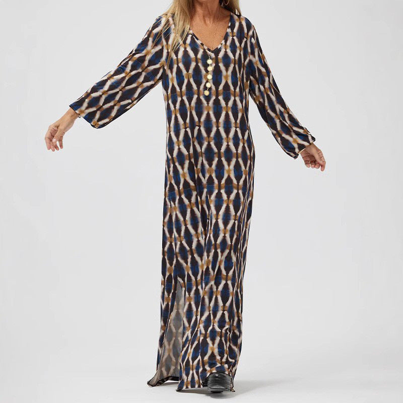 Comfortable Women's V Neck Midi Dress with Long Sleeves - Nocini