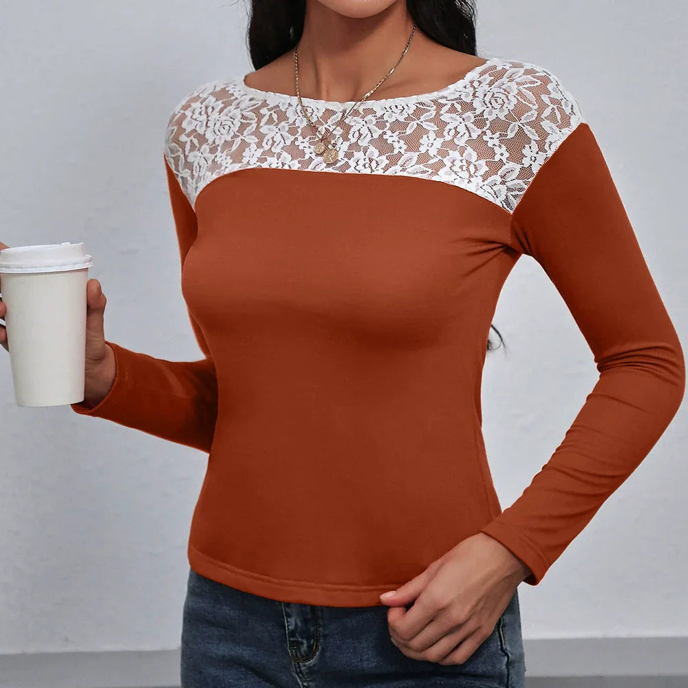 Feminine Fit Lace Trim Round Neck Tee