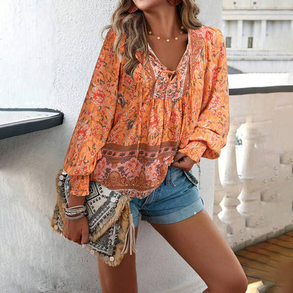 Casual Loose Fit Women's Blouse with Long Sleeves Boho Style